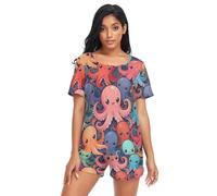 Nexawaveo Conjunto de pijama de manga corta para mujer, con bolsillos, informal, tallas S-2XL, Lindas vidas marinas coloridas, S