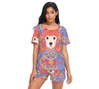 Nexawaveo Conjunto de pijama suave de manga corta y pantalones para mujer, ropa de dormir S-2XL, Caniche étnico azul brillante, XL