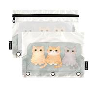Nexawaveo Cute Cats on Sofa - Juego de 2 estuches para lápices para carpetas de 3 anillas, cremallera suave con ventana de PVC transparente para suministros escolares