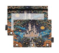 Nexawaveo Dreamy Castle Night - Juego de 2 estuches para carpetas de 3 anillas, cremallera suave con ventana de PVC transparente para suministros escolares
