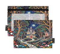 Nexawaveo Enchanted Castle Night - Juego de 2 estuches para carpetas de 3 anillas, cremallera suave con ventana de PVC transparente para suministros escolares