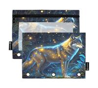 Nexawaveo Enchanted Grey Wolf Forest - Juego de 2 estuches para carpetas de 3 anillas, cremallera suave con ventana de PVC transparente para suministros escolares