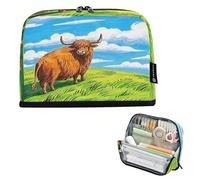 Nexawaveo Estuche organizador de gran capacidad de 21 x 15 cm, diseño de vaca de las tierras altas en Green Hill para escuela, oficina, viajes