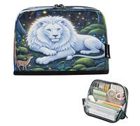 Nexawaveo Estuche organizador de gran capacidad de 8.3 x 5.9 pulgadas, diseño de bosque de leones blanco iluminado por hadas para escuela, oficina, viajes