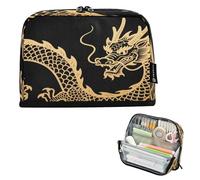 Nexawaveo Estuche organizador de gran capacidad para lápices, 21 x 15 cm, diseño de dragón dorado, negro, para escuela, oficina, viajes