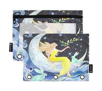 Nexawaveo Fairy and Rabbits on Moon - Juego de 2 estuches para carpetas de 3 anillas, cremallera suave con ventana de PVC transparente para suministros escolares