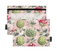 Nexawaveo Fuit Rose - Juego de 2 estuches florales para carpetas de 3 anillas, cremallera suave con ventana de PVC transparente para suministros escolares