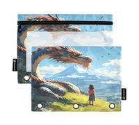 Nexawaveo Girl and Dragon on Hill - Juego de 2 estuches para lápices de 3 anillas, cremallera suave con ventana de PVC transparente para suministros escolares