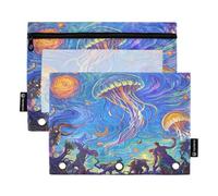 Nexawaveo Jellyfish and Fantasy Creatures in Blue - Juego de 2 estuches para carpetas de 3 anillas, cremallera suave con ventana de PVC transparente para suministros escolares
