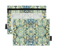 Nexawaveo Juego de 2 estuches artísticos de mosaico azul y verde para carpetas de 3 anillas, cremallera suave con ventana de PVC transparente para suministros escolares