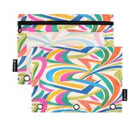 Nexawaveo Juego de 2 estuches para lápices multicolor con diseño de mosaico geométrico, para carpetas de 3 anillas, cremallera suave con ventana de PVC transparente para suministros escolares
