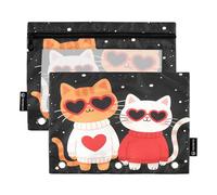 Nexawaveo Love Cats on Dark - Juego de 2 estuches para carpetas de 3 anillas, cremallera suave con ventana de PVC transparente para suministros escolares