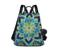Nexawaveo Mochila de moda para mujer, antirrobo, bolsa de viaje para senderismo, camping, Mandala verde azulado floral