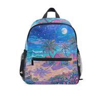 Nexawaveo Mochila infantil preescolar con etiqueta de nombre para niños y niñas, Pintura al óleo, noche de playa, Medium, Mochilas Daypack
