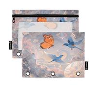 Nexawaveo Mystical Birds Dark - Juego de 2 estuches para carpetas de 3 anillas, cremallera suave con ventana de PVC transparente para suministros escolares