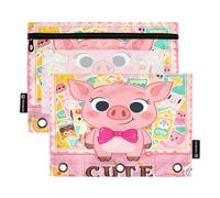 Nexawaveo Pig Chibi - Juego de 2 estuches multicolor para carpetas de 3 anillas, cremallera suave con ventana de PVC transparente para suministros escolares