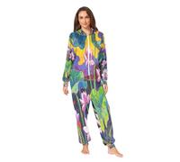 Nexawaveo Pijama enterizo de forro polar ultrasuave para adultos, color morado aceite, flor, gris, acogedor, con capucha, de cuerpo entero y bolsillo, Pintura al óleo floral oriental, X-Small