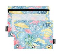 Nexawaveo Playful Sea Creatures - Juego de 2 estuches azules para carpetas de 3 anillas, cremallera suave con ventana de PVC transparente para suministros escolares
