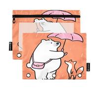 Nexawaveo Polar Bear and Fox Orange - Juego de 2 estuches para carpetas de 3 anillas, cremallera suave con ventana de PVC transparente para suministros escolares