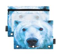 Nexawaveo Polar Bear in Blue - Juego de 2 estuches para carpetas de 3 anillas, cremallera suave con ventana de PVC transparente para suministros escolares
