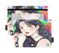 Nexawaveo Rainbow Haired Girl - Juego de 2 estuches para carpetas de 3 anillas, cremallera suave con ventana de PVC transparente para suministros escolares