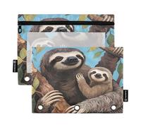 Nexawaveo Sloth in Tropical Green - Juego de 2 estuches para carpetas de 3 anillas, cremallera suave con ventana de PVC transparente para suministros escolares