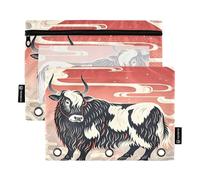 Nexawaveo Stylized Highland Bull Red - Juego de 2 estuches para carpetas de 3 anillas, cremallera suave con ventana de PVC transparente para suministros escolares