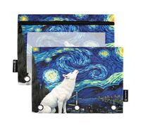 Nexawaveo Wolf on Starry Night - Juego de 2 estuches para carpetas de 3 anillas, cremallera suave con ventana de PVC transparente para suministros escolares