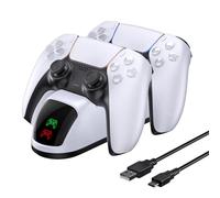 NexiGo Cargador de controlador PS5 mejorado, estación de carga dual con indicador LED, alta velocidad, base de carga rápida para controlador DualSense PlayStation 5, color blanco