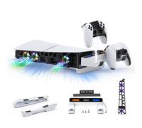 NexiGo PS5 Slim Horizontal Stand with Charging Station for PS5 and Edge Controllers, Silent Enhanced RGB Cooling Fan with Temperature Control, LED Indicator, Compatible with PS5 Slim, White