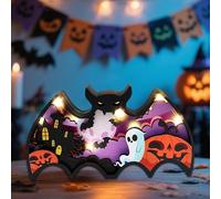 Nexoria Letrero decorativo de mesa de Halloween con luz LED, murciélago Helloween, decoración de mesa de madera, funciona con pilas para decoración de fiestas (A)