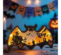 Nexoria Letrero decorativo de mesa de Halloween con luz LED, murciélago Helloween, decoración de mesa de madera, funciona con pilas para decoración de fiestas (B)