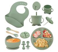 NEXROLA Cubiertos Bebe, 8 Piezas, Vajilla bebe Silicona, Platos Bebe con Ventosa, Vajilla Infantil, Baby Led Weaning, Cuchara Bebe, Babero Silicona Bebe, Vaso Bebe, Cubiertos Infantiles, Verde