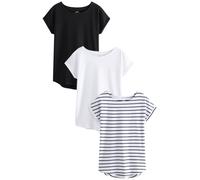 NEXT Camisetas Manga Corta para Mujer, 100% Algodón, Pack de 3 Camisetas Negro/Blanco/Rayas 34