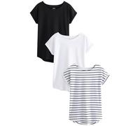 Next Camisetas Manga Corta para Mujer, 100% Algodón, Pack de 3 Camisetas Negro/Blanco/Rayas 36