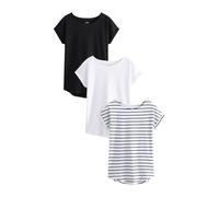 NEXT Camisetas Manga Corta para Mujer, 100% Algodón, Pack de 3 Camisetas Negro/Blanco/Rayas 48