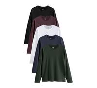 NEXT Hombres Pack de 5 Camisetas de Manga Larga y Corte estándar 100% algodón Negro/Blanco/Azul Marino/Verde/Rojo Borgoña L
