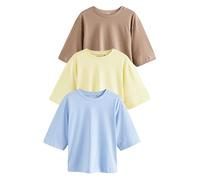 NEXT Mujeres Pack de 3 Camisetas de Manga hasta el Codo y Cuello Redondo 100% algodón Blue/Lemon Yellow/Neutral XL