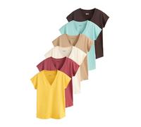 NEXT Mujeres Pack de 5 Camisetas de Manga Japonesa con Cuello de Pico Red/Chocolate/Yellow/Beige/Turquoise M