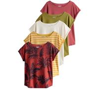 Next Mujeres Pack de 5 Camisetas de Manga Japonesa Pink/Green/White/Yellow Stripe/Palm Print XL