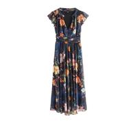 NEXT Mujeres Vestido Largo de Tul con frunces y Cuello de Pico para Ocasiones Especiales Navy Blue Floral 38