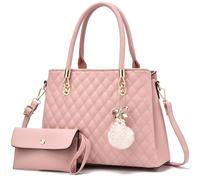 Nexum Bolso de mano de cuero para mujer, con asa superior, bolso de hombro con pompón, perfecto para uso diario, Pink, Medium