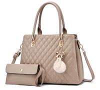 Nexum Bolso de mano de cuero para mujer, con asa superior, bolso de hombro con pompón, perfecto para uso diario, Khaki, Medium