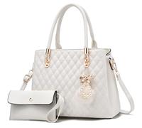 Nexum Bolso de mano de cuero para mujer, con asa superior, bolso de hombro con pompón, perfecto para uso diario, White, Medium
