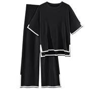 NEZIH Classy Elastic Knit Lounge Set,Sweater Sets Women 2 Piece Lounge Sets,Womens Knit 2 Piece Sweater Sets (L,Black)