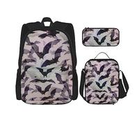 NEZIH Group Of - Juego de bolsas de libros 3 en 1 con estampado geométrico marroquí, mochila ajustable para el hombro, bolsa de almuerzo, estuche para lápices, Murciélagos de Halloween gris, Talla