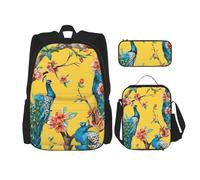 NEZIH Juego de bolsas de libros 3 en 1 con estampado de pájaros, mochila ajustable para el hombro, bolsa de almuerzo, estuche para lápices, Hermoso pavo real, Talla única