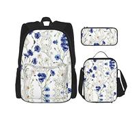 NEZIH Juego de bolsas de libros 3 en 1 con estampado floral de árbol ajustable, mochila de hombro, bolsa de almuerzo, estuche para lápices, Flores y margaritas de aciano, Talla única