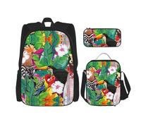 NEZIH Juego de mochila escolar con estampado de caballo Cowboy Ride con bolsa de almuerzo, estuche para lápices, juego de mochilas escolares, Pájaros tropicales y hojas de plantas, Talla única