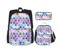 NEZIH Juego de mochila escolar con estampado de plantas de cactus con bolsa de almuerzo, estuche para lápices, juego de mochilas escolares, Escamas de peces de colores, Talla única